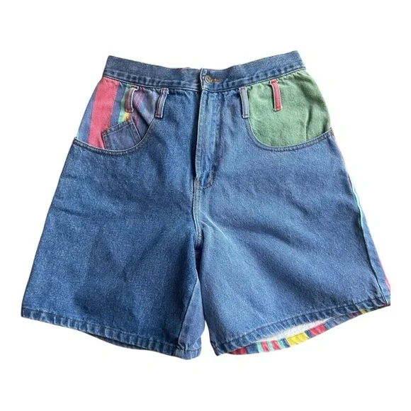Vintage 90s rainbow stripe retro high waist denim shorts 7/8 fit 26 waist - Picture 2 of 7